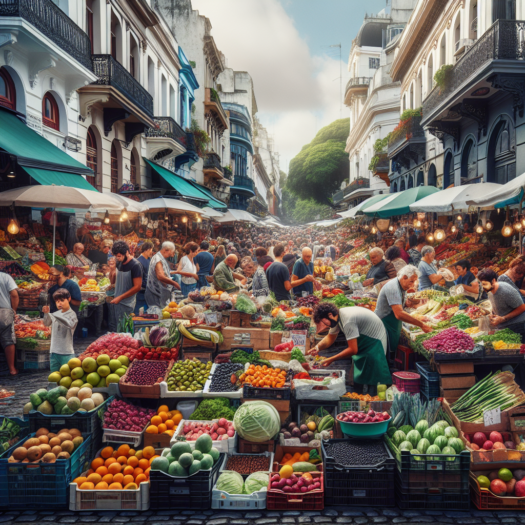 A vibrant street market in Buenos Aires filled with colorful produce and smiling vendors.