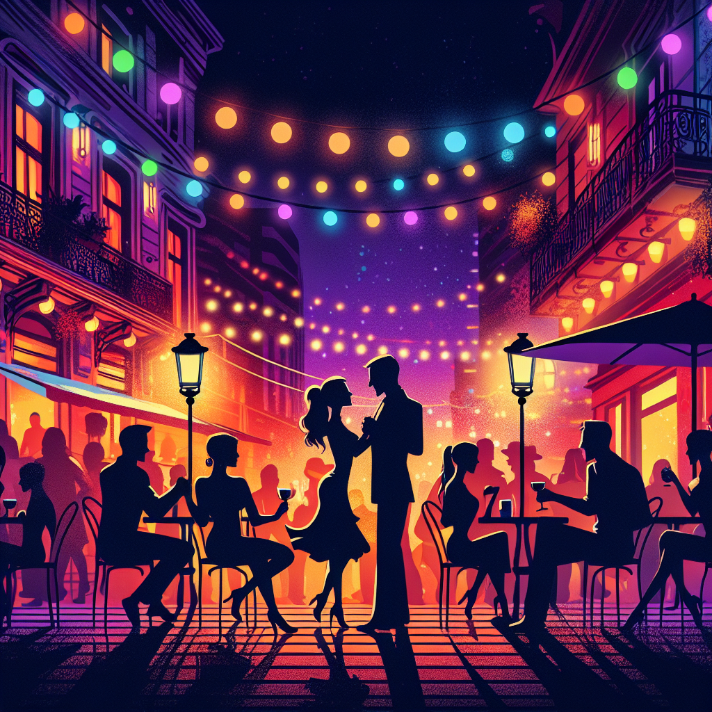 Nattlig Buenos Aires-scene med mennesker på en terrasse, tango-par i silhuett og fargerike barlys, varm atmosfære og urban bakgrunn