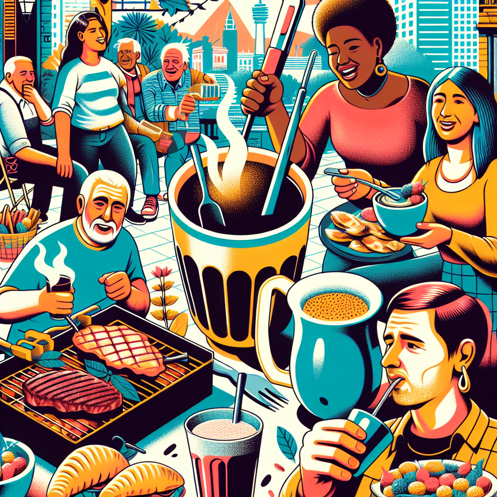Fargerik collage av Buenos Aires matkultur: asado på grill, empanadas, et glass Malbec, en cortado-kopp og mennesker som deler mate i en urbane nabolagsscene